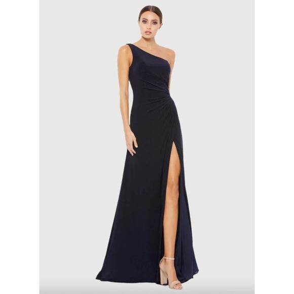 MAC DUGGAL Dress Size 12 Evening Gown NEW Navy Blue One Shoulder Ruched Jersey - Picture 1 of 9